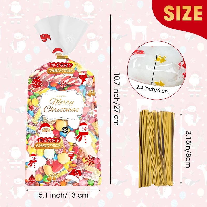 Litmitfu 50 Pcs Christmas Treat Bags - Merry Christmas Gift Bags Bulk, Plastic Santa Claus Snowman Christma Cellophane Cello Candy Cookie Goodie Bag with Twist Ties for Winter Xmas Christmass Party Favors - Image 4